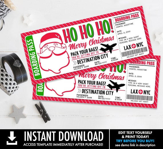 Christmas Boarding Pass Ticket - Surprise Trip Reveal, Flight, Holiday Fake Plane Ticket | Self-Edit with CORJL - INSTANT DOWNLOAD Printable