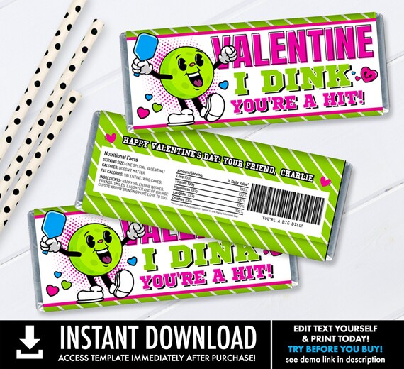 Valentine Pickleball Candy Bar Label/Wrapper, Pickleball Valentine,Valentine Party | Personalize using CORJL-INSTANT DOWNLOAD Printable