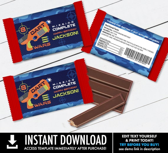 Dart Wars Wafer Chocolate Candy Bar Wrap/Label, Dart Wars Party, Target Party, Candy Bar Label | Edit using CORJL–INSTANT Download Printable