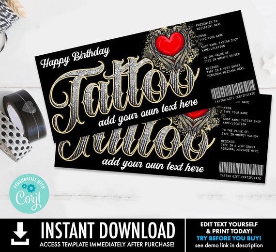 Tattoo Gift Certificate - Heart Design - Get Inked Gift Card Voucher, Birthday Tattoo | Self-Edit with CORJL - INSTANT DOWNLOAD Printable