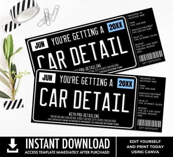Car Detailing Gift Certificate, License Plate Car Detail Surprise Gift Voucher | You Personalize with CANVA - INSTANT DOWNLOAD Printable
