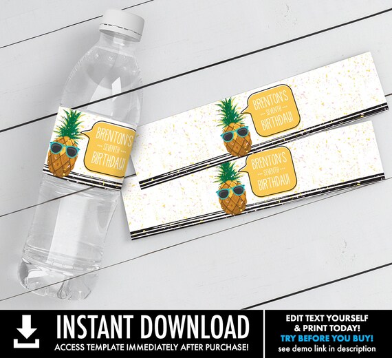 Pineapple Water Bottle Label/Wrap - Party Like a Pineapple, Hawaiian, Luau, Birthday | Self-Editable Text DIY INSTANT DOWNLOAD Printable Il_570xn
