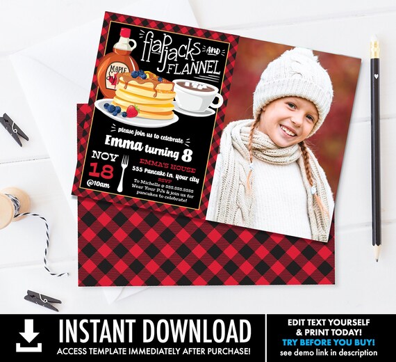 Flapjacks & Flannel PHOTO Invite - Flapjack Birthday Party, Lumberjack | Self-Edit with CORJL - INSTANT Download Printable