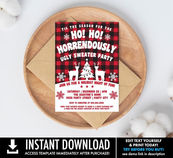Buffalo Plaid Ugly Sweater Party Invitation, Plaid Holiday Sweater Party, Office Party Invite | Edit using CORJL–INSTANT DOWNLOAD Printable