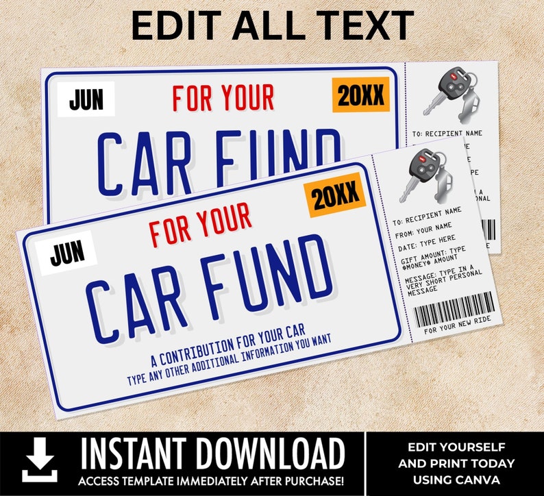Car Fund Surprise Gift Voucher, License Plate Voucher, Gift Reveal, Gift Certificate | You Personalize with CANVA–INSTANT DOWNLOAD Printable image 3