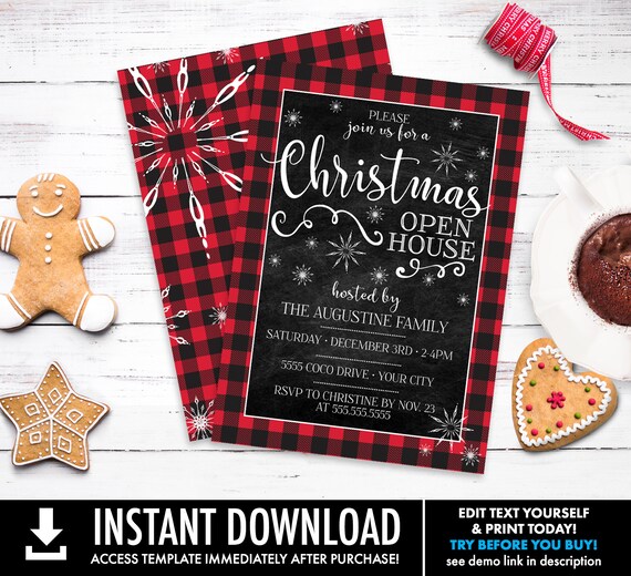 Christmas Open House Invite - Christmas Party, Buffalo Plaid Invite, Holiday Open House | Self-Edit with CORJL - INSTANT DOWNLOAD Printable