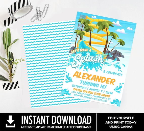 Waterslide Party Invitation - Waterpark Invite, Water Park Party, Pool Party | Edit with CANVA-INSTANT DOWNLOAD Printable Template