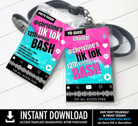 Social Media Party VIP Invite Badge - Video Party, Dance Party, All Access Pass | Self-Edit with CORJL - INSTANT Download Printable Template Il_570xn