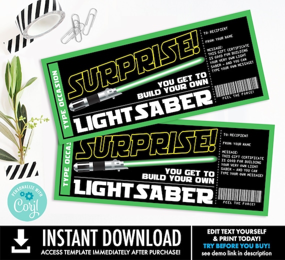 Lightsaber Surprise Gift Reveal,Build Your Own Lightsaber,Gift Certificate,Surprise Gift | Personalize with CORJL-INSTANT DOWNLOAD Printable
