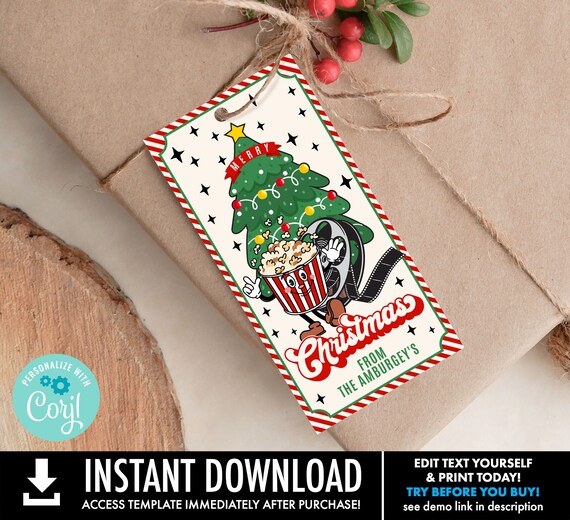 Christmas Movie Night Gift Tag, Retro Christmas Movie NIght Tag,Holiday Gift Tag,Favor Tag | Self-Edit with CORJL-INSTANT Download Printable