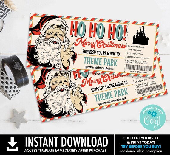 Santa Theme Park Gift Certificate, Theme Park Gift Ticket, Amusement Park Gift Voucher | Self-Edit with CORJL-INSTANT Download Printable