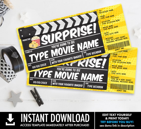 Movie Ticket Gift Certificate, Movie Night Surprise Ticket, Family Movie Night | Self-Edit with CORJL - INSTANT DOWNLOAD Printable Il_570xn