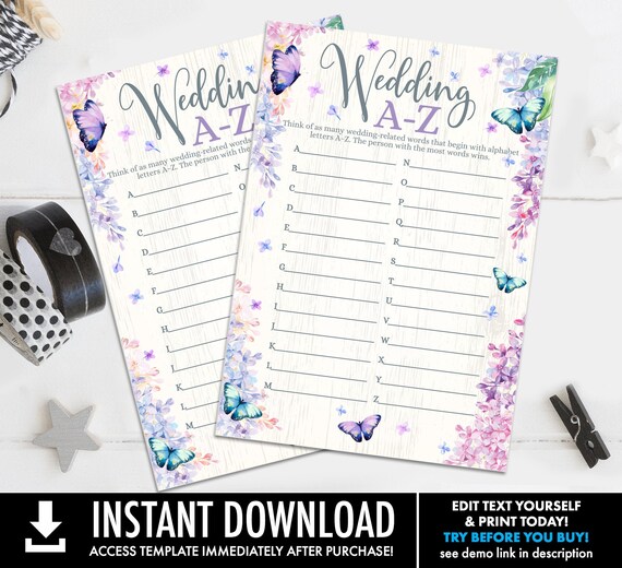 Wedding A-Z Bridal Shower Game, Butterfly Bridal Shower Game, Butterfly & Flowers | Self-Edit with CORJL - INSTANT Instant Printable