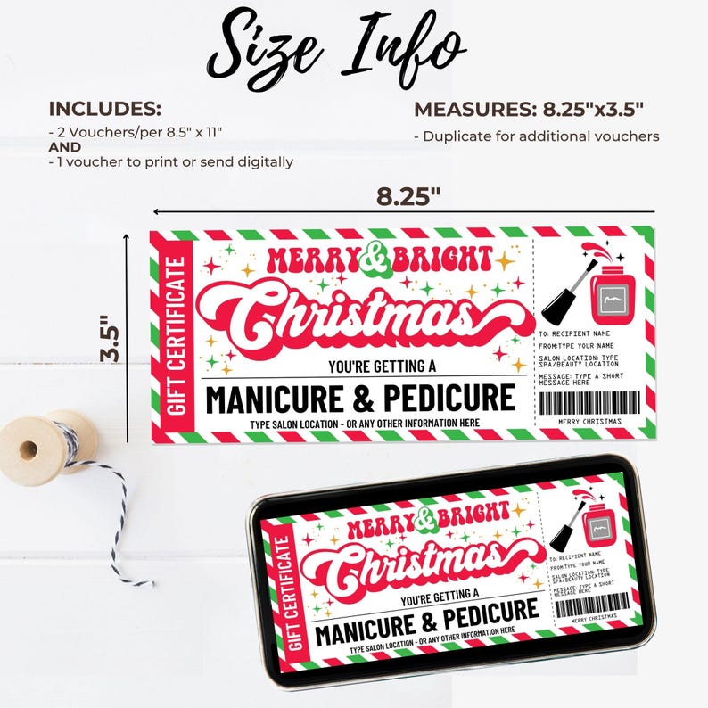 May include: A printable Christmas gift certificate for a manicure and pedicure. The certificate is red, green, and white with a festive design. It measures 8.25 inches by 3.5 inches.