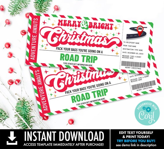 Christmas Road Trip Surprise Ticket Gift Voucher, Road Trip Holiday Vacation | Self-Edit with CORJL - INSTANT DOWNLOAD Printable