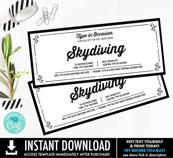 Skydiving Gift Voucher Any Occasion,Surprise Gift Certificate,Skydiving,Parachute Jump | Personalize using CORJL–INSTANT DOWNLOAD Printable