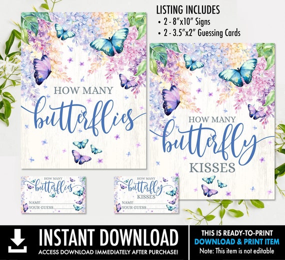 Butterfly How Many Butterflies or Butterfly Kisses Game SET, 8x10 Sign and Cards SET | Pre-Typed, Ready-To-Print Download Printable