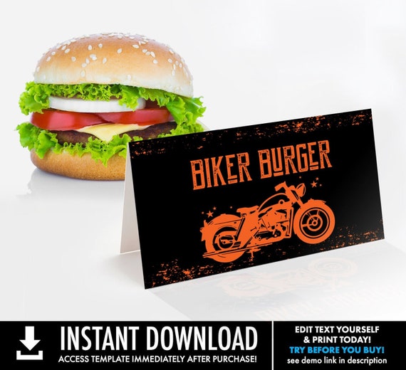 Motorcycle Party Food Labels - Born to Ride, Born to Be Wild, Place Cards | Self-Edit with CORJL - INSTANT DOWNLOAD Printable Template