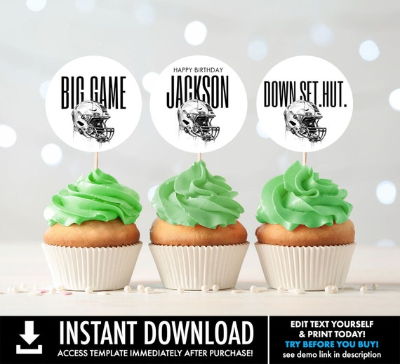 Football Party Cupcake Toppers, Cupcake Labels, Big Game Bowl Party Decor Football Theme Party | Edit with CORJL–INSTANT DOWNLOAD Printable