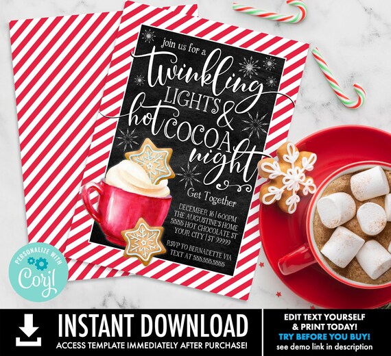 Twinkling Lights & Hot Cocoa Christmas Party Invitation, Holiday Party Invitation | Self-Edit with CORJL - INSTANT DOWNLOAD Printable Il_570xn