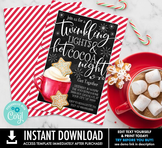 Twinkling Lights & Hot Cocoa Nights Christmas Party Invitation, Holiday Party Invitation | Edit using CORJL–INSTANT DOWNLOAD