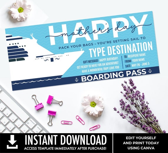 Mother's Day Surprise Cruise Gift Voucher, Cruise Gift Certificate, Mom Coupon, Cruise Coupon | You Personalize with CANVA–INSTANT DOWNLOAD