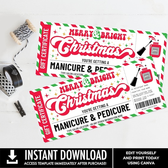Christmas Manicure Pedicure Gift Certificate, Mani Pedi Gift Voucher,Merry & Bright, Last Minute gift | Edit using CANVA-INSTANT DOWNLOAD