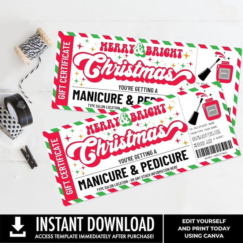 May include: A printable gift certificate template for a manicure and pedicure. The template features a red, white, and green Christmas theme with the text "Merry & Bright Christmas" and "You're getting a manicure & pedicure".