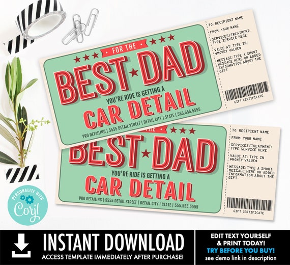 Father's Day Car Detail Gift Certificate, Best Dad Car Detail Surprise Gift | Personalize using CORJL-INSTANT DOWNLOAD Printable