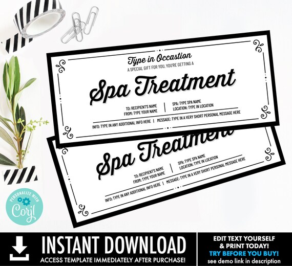 Spa Treatment Gift Voucher for Any Occasion,Surprise Gift Reveal,Spa Gift Certificate | Personalize using CORJL–INSTANT DOWNLOAD Printable