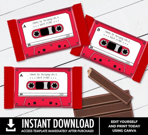 Cassette Tape Wafer Chocolate Candy Bar Label/Wrapper,Retro Party Favor, 80's Party, Red | Edit using CANVA - INSTANT DOWNLOAD