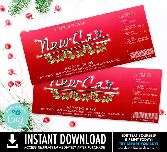 Christmas New Car Gift Certificate, Surprise Car Gift Voucher | You Personalize with CORJL - INSTANT DOWNLOAD Printable Template