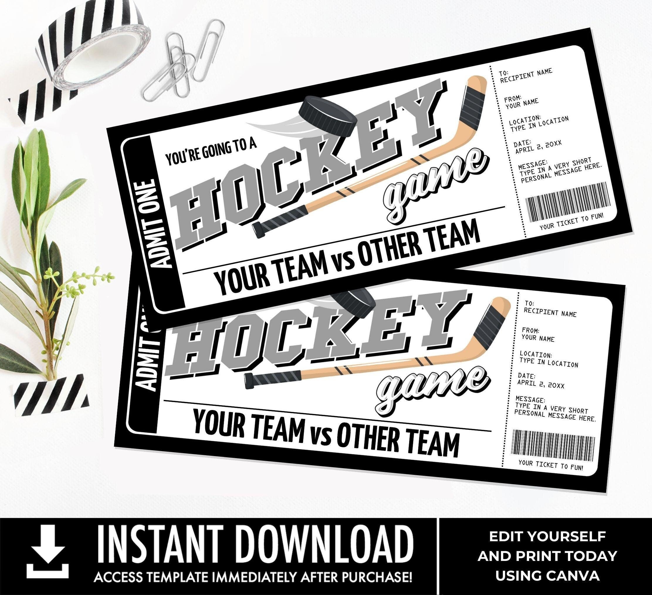 Hockey Ticket Voucher Gift - Surprise Game Ticket, Gift Voucher, Surprise Gift | You Personalize with CANVA - INSTANT DOWNLOAD Printable
