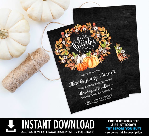 Give Thanks Thanksgiving Dinner Invitation, Pumpkin Invite, Friendgiving | Self-Editing with CORJL - INSTANT DOWNLOAD Printable Il_570xn