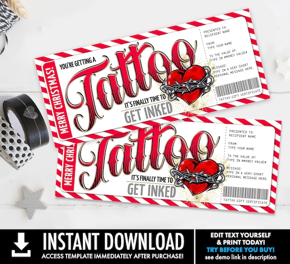 Tattoo Christmas Gift Certificate - Heart Design, Get Inked Gift Card Voucher | Self-Edit with CORJL - INSTANT DOWNLOAD Printable