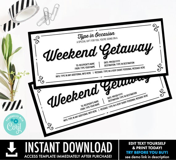 Weekend Getaway Gift For Any Occasion,Gift Reveal Gift Certificate,Weekend Away Voucher | Personalize using CORJL–INSTANT DOWNLOAD Printable