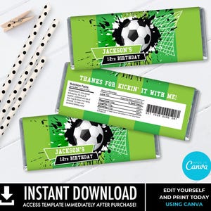 May include: Three rectangular chocolate bar wrappers featuring a bright green background, a black and white soccer ball graphic, and a white goal net. The text reads Jackson's 12th Birthday, Thanks for kickin' it with me, and includes a nutrition label.