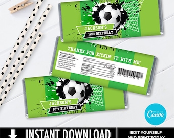 May include: Three rectangular chocolate bar wrappers featuring a bright green background, a black and white soccer ball graphic, and a white goal net. The text reads Jackson's 12th Birthday, Thanks for kickin' it with me, and includes a nutrition label.