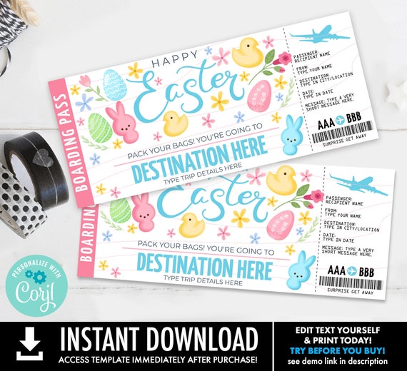 Easter Boarding Pass Voucher/Gift Certificate - Surprise Easter Trip | Self-Edit with CORJL - INSTANT DOWNLOAD Printable