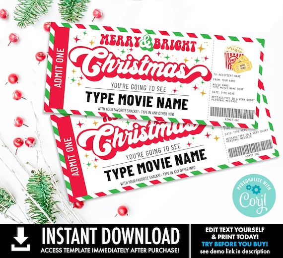 Christmas Movie Ticket Gift Certificate, Movie Night Gift Voucher,Merry