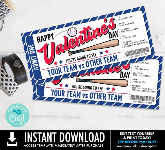 Valentine Baseball Ticket Voucher - Surprise Game Ticket, Gift Voucher Certificate | Self-Edit with CORJL - INSTANT DOWNLOAD Printable