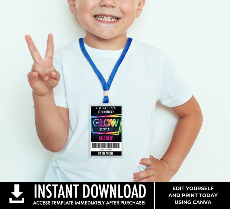 Neon Glow Party VIP Badge, Neon Glow Theme, Glow Party All Access Pass Edit with CANVA INSTANT Download Printable Template image 5