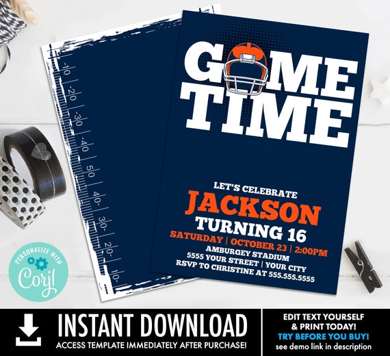 Football Party Invitation - It's Game Time, Football Invitation,Tailgate Invite | Self-Edit with CORJL - INSTANT DOWNLOAD Printable Template