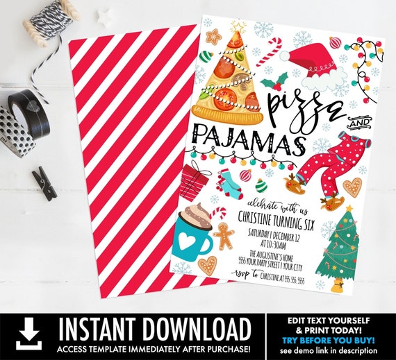 Pizza and Pajamas Birthday Invitation, Christmas Pizza & Pajama Birthday Invite, Holiday Birthday | You Edit using Corjl–INSTANT DOWNLOAD