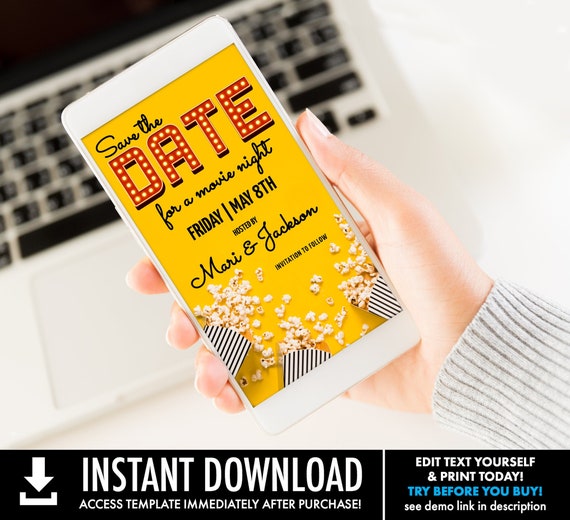 Save the Date Virtual Movie Night, Social Distancing Party, Evite Digital Party | Self-Edit with CORJL - INSTANT DOWNLOAD Printable Il_570xn