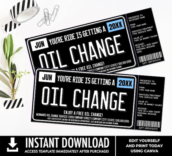 Oil Change Gift Certificate, License Plate Surprise Gift Voucher, Fix Your Car | Edit with CANVA - INSTANT DOWNLOAD Printable Template