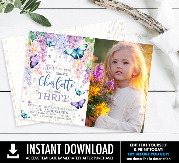 Butterfly Party Photo Invitation - Butterflies & Flowers Invite, Garden Party | Self-Edit with CORJL - INSTANT DOWNLOAD Printable Template