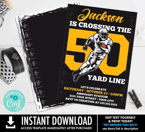 50th Football Party Invitation - Crossing the 50 Yard Line,50th Birthday,Tailgate Invite | Self-Edit with CORJL - INSTANT DOWNLOAD Printable