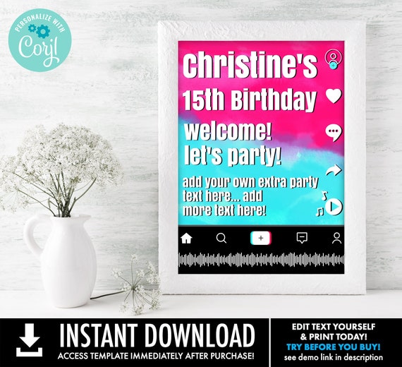 Social Media Party Sign - 5"x7" Party Sign,Birthday, Video Party, Dance Party | Self-Edit with CORJL - INSTANT DOWNLOAD Printable Template