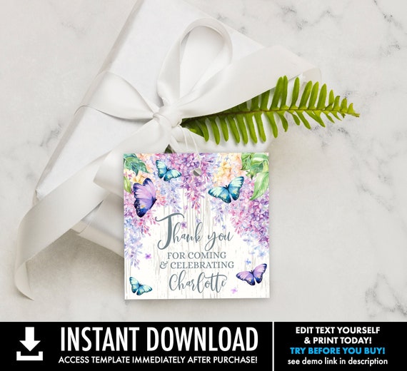 Butterfly Favor Tag - 2.5"x2.5" Lilac Thank You, Shower Tag, Bridal, Baby, Thank You Tag | Self-Edit with CORJL - INSTANT DOWNLOAD Printable Il_570xn